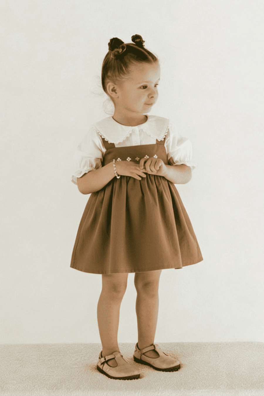 Young girl wearing a brown dress with a white collar against a plain background