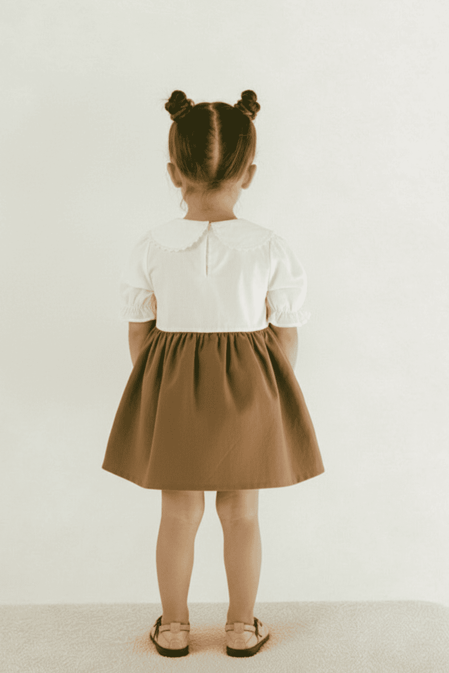 Child wearing a white shirt and brown skirt on a plain background