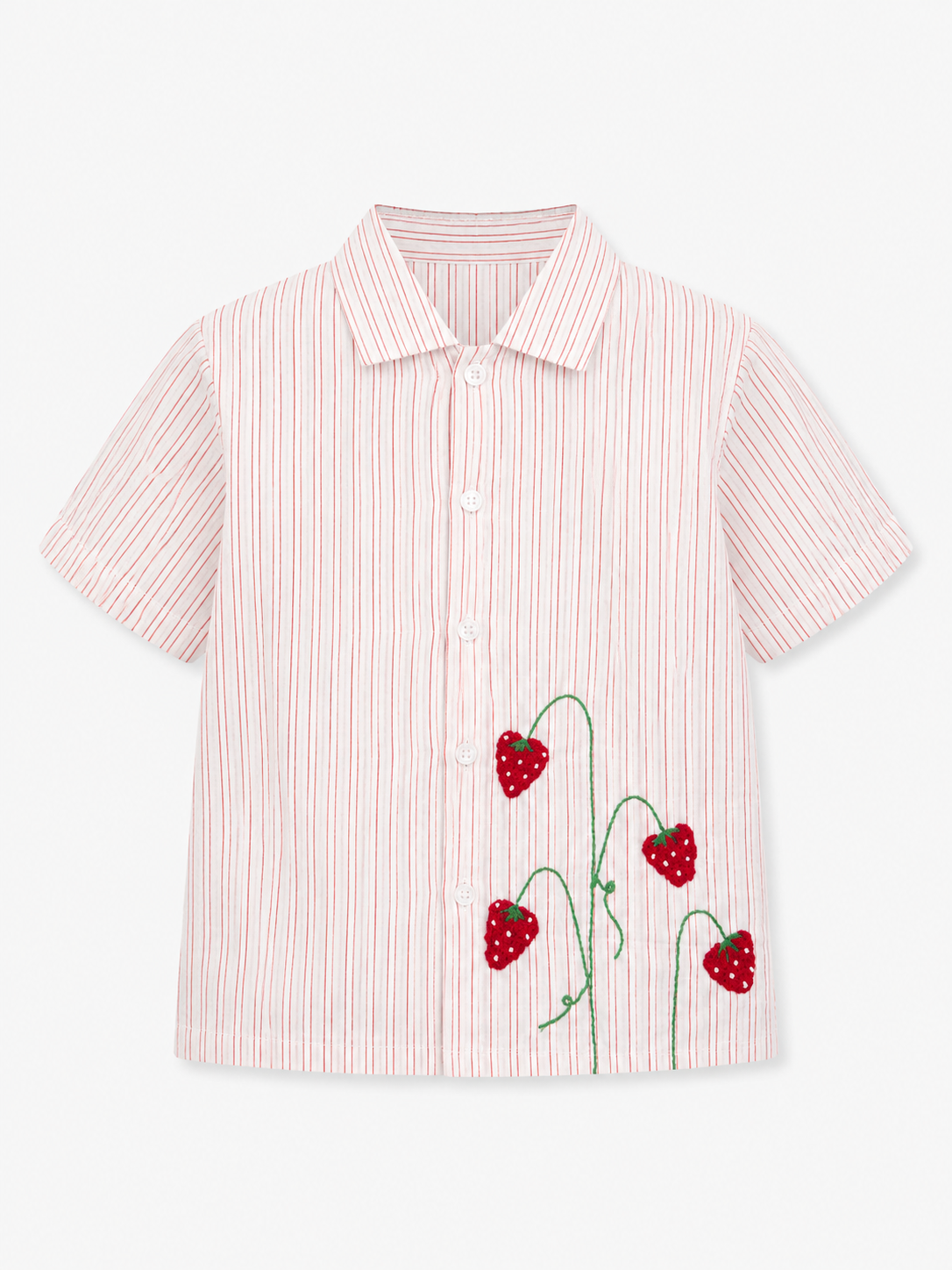 A short-sleeve button-up shirt with thin red and white vertical stripes and embroidered red strawberries with green stems on the lower right front, shown on a plain light background.