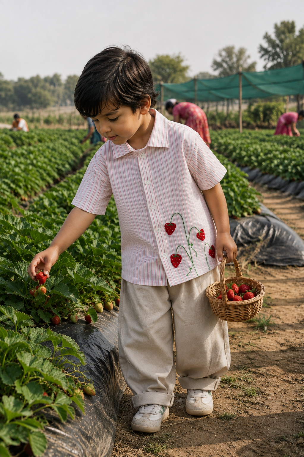 A young boy wearing a light pink striped short-sleeve shirt with red strawberry embroidery and beige pants stands in a strawberry field, reaching for a strawberry while holding a small woven basket.