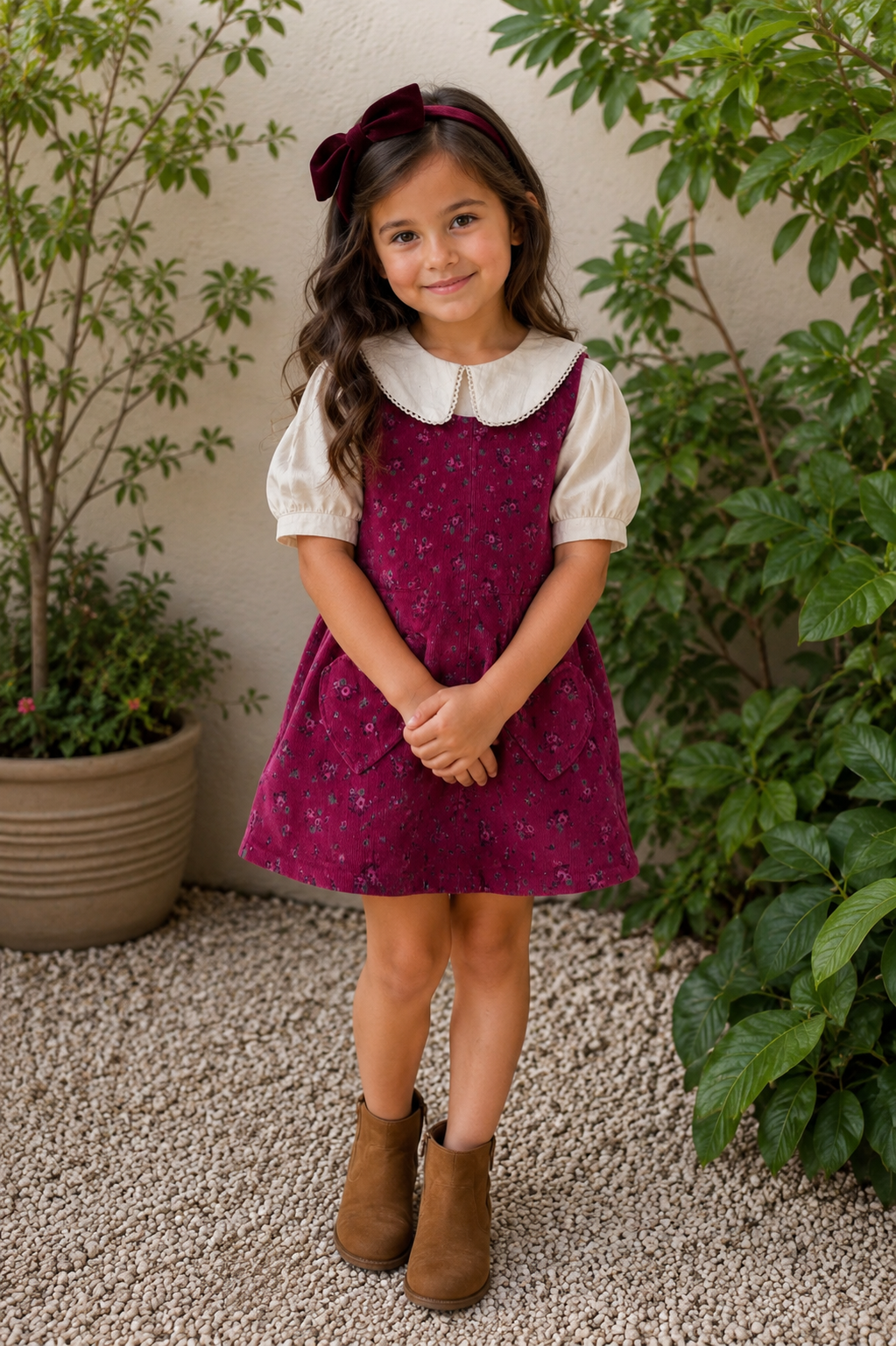 A young girl stands outdoors in a garden setting wearing a burgundy floral pinafore dress over a cream short-sleeve collared shirt, with a matching burgundy bow in her hair and brown ankle boots.