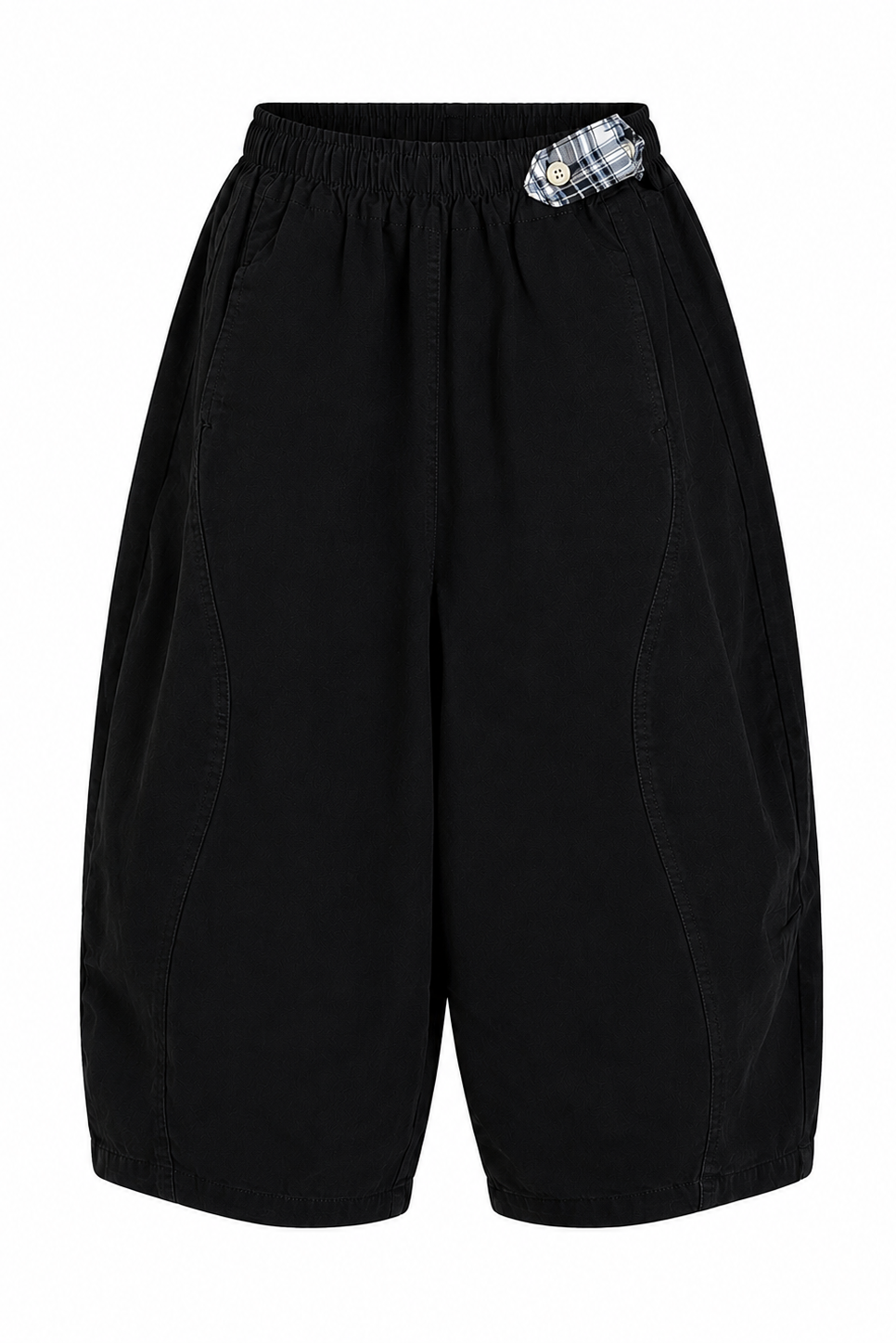 Black baggy pants with a plaid pocket on a white background