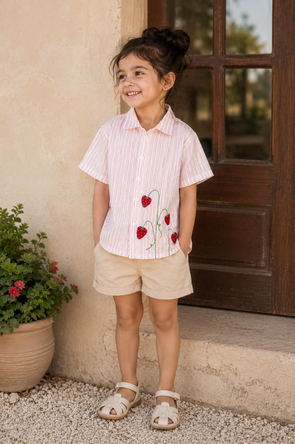 A young girl stands outdoors in front of a stucco wall and wooden door, wearing a light pink short-sleeve collared shirt with thin vertical stripes and red embroidered flowers, paired with beige shorts and white sandals.