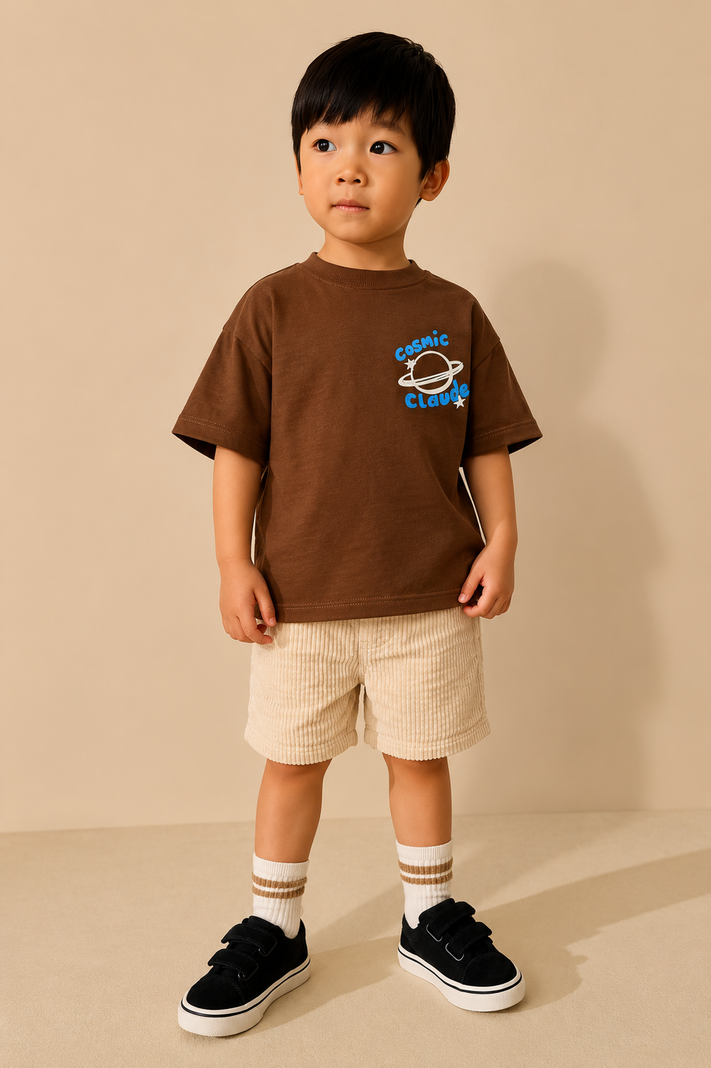 Child wearing a brown t-shirt with a graphic design on a beige background