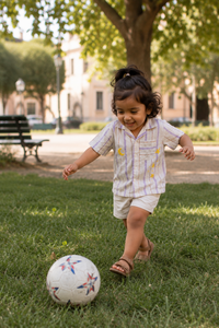 Child playing with a soccer ball in a park