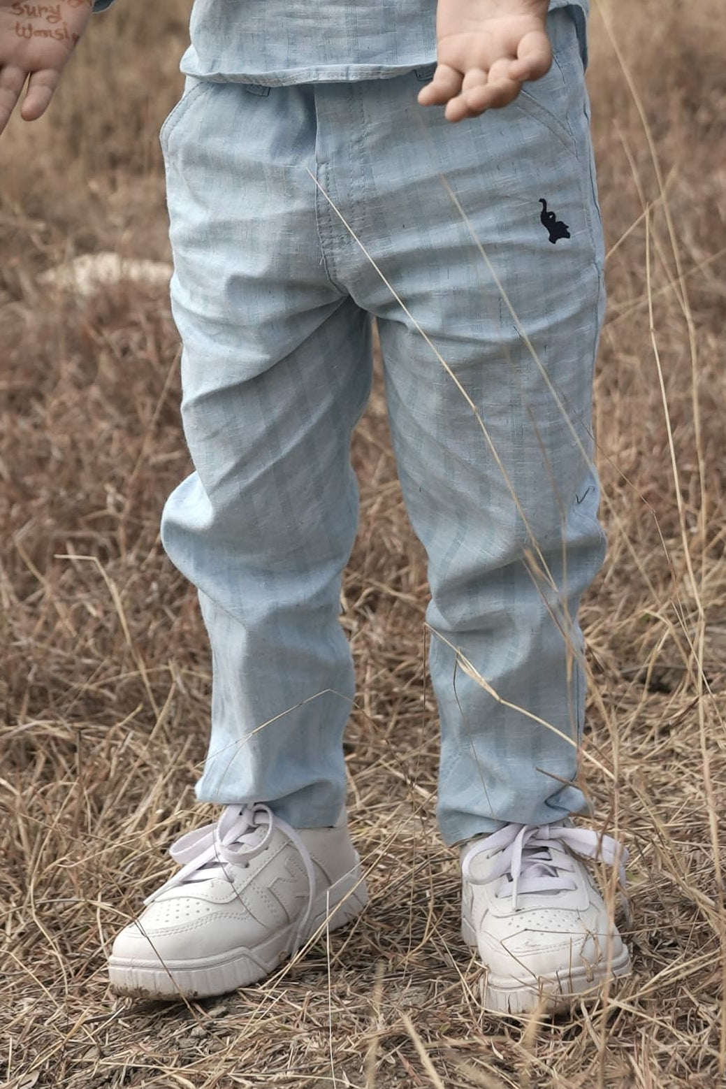 Child wearing a light blue outfit standing in a field with trees in the background