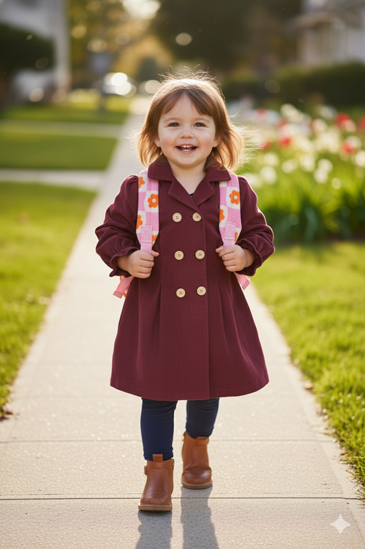 Child in a maroon coat with a pink backpack standing on a sidewalk with greenery in the background