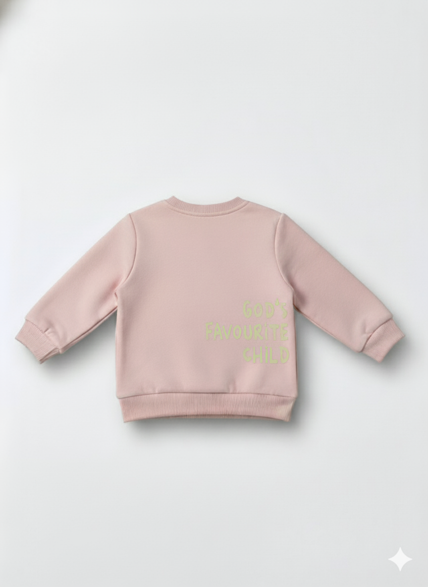 Pink sweatshirt with text on the back against a white background
