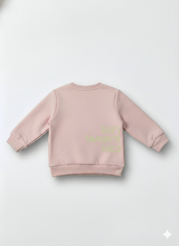 Pink sweatshirt with text on the back against a white background