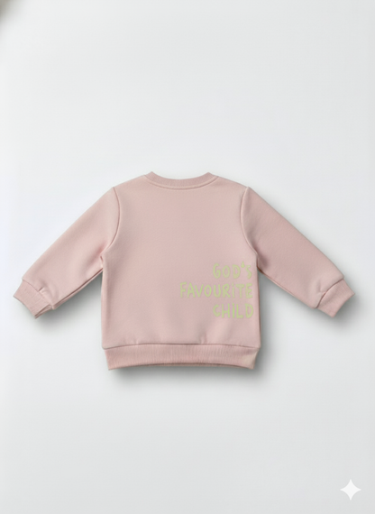 Pink sweatshirt with text on the back against a white background