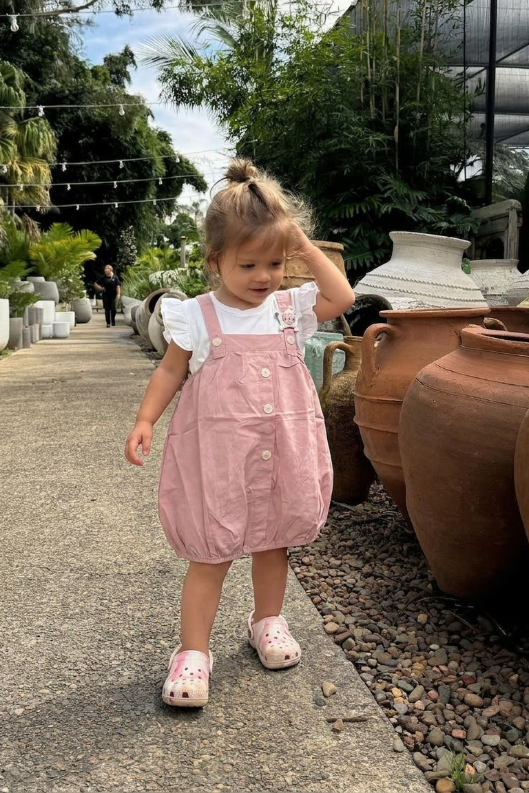 Child in a pink dress standing next to large pots in an outdoor setting