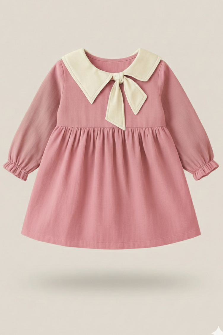 Pink dress with a white collar and bow on a beige background