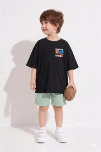 Child wearing a black oversized t-shirt with 'Puerto Rico' print, light green shorts, and white sneakers on a white background.
