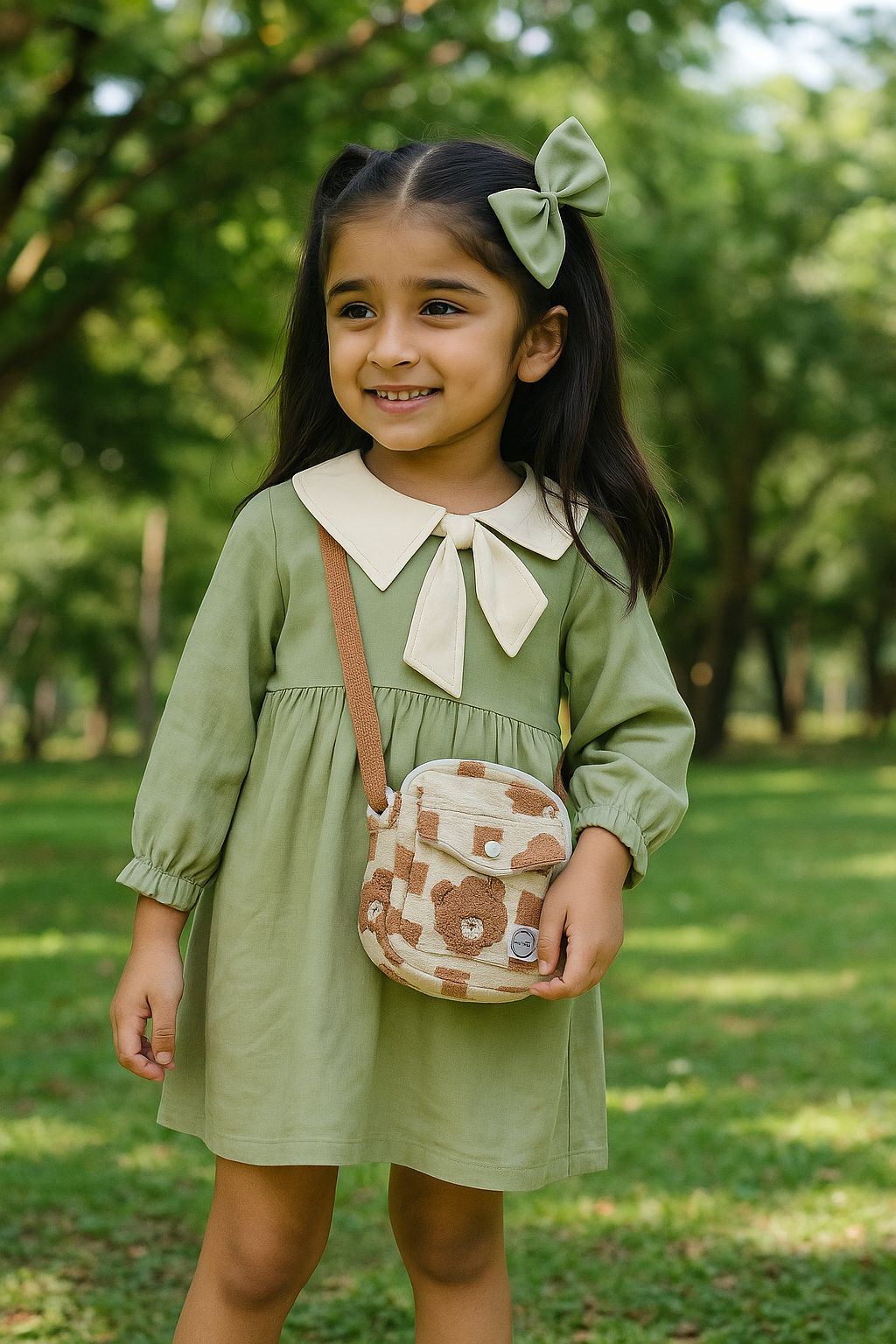 Young girl in a green dress with a floral-patterned bag standing in a park.