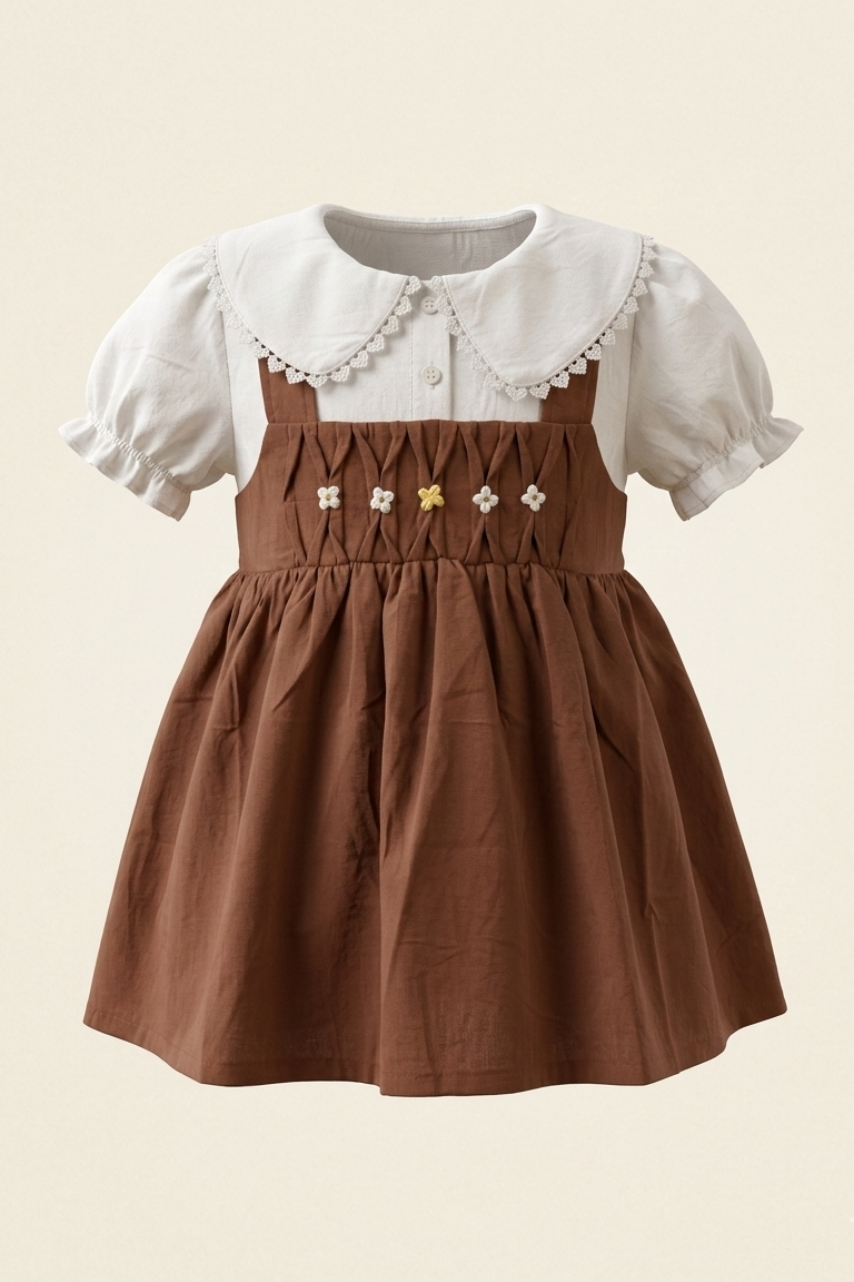 Brown dress with white blouse on a beige background