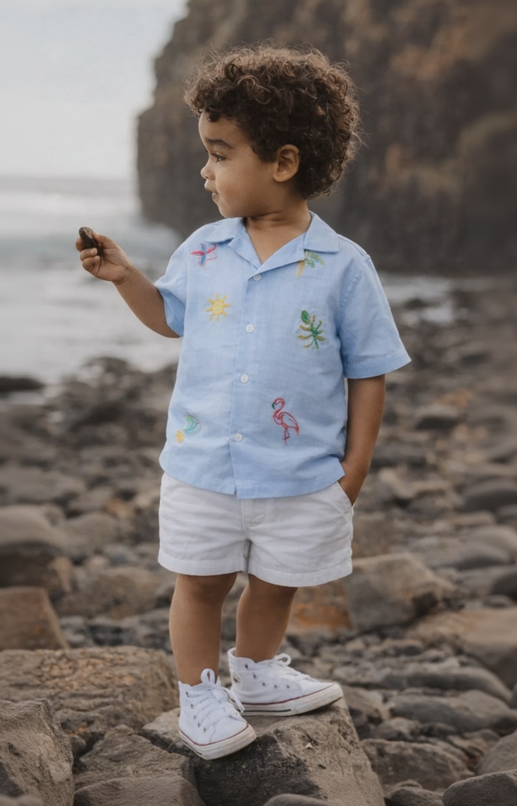 Child wearing a light blue shirt with floral patterns and white shorts standing on rocks by the water.