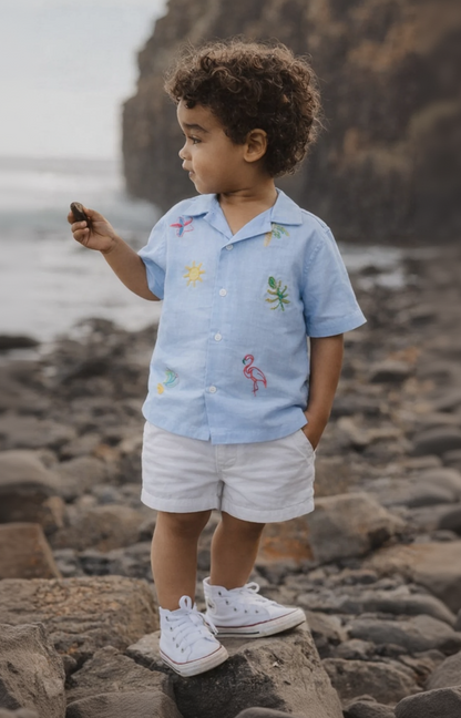 Child wearing a light blue shirt with floral patterns and white shorts standing on rocks by the water.