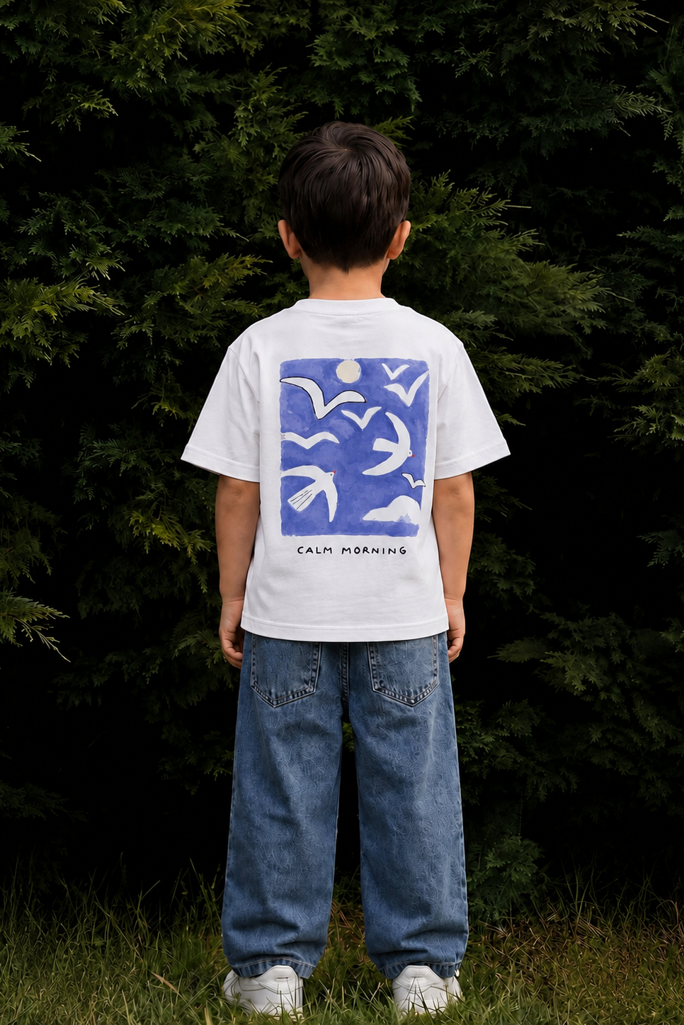 Child wearing a white t-shirt with a blue graphic design standing in front of trees.