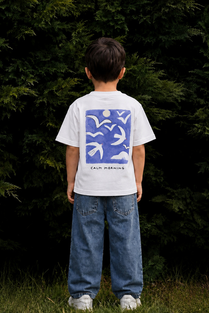 Child wearing a white t-shirt with a blue graphic design standing in front of trees.