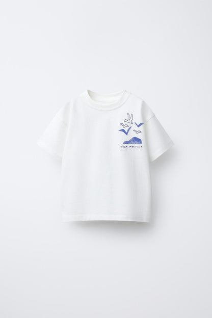 White t-shirt with blue graphic design on a white background