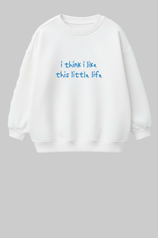White sweatshirt with blue text on a white background