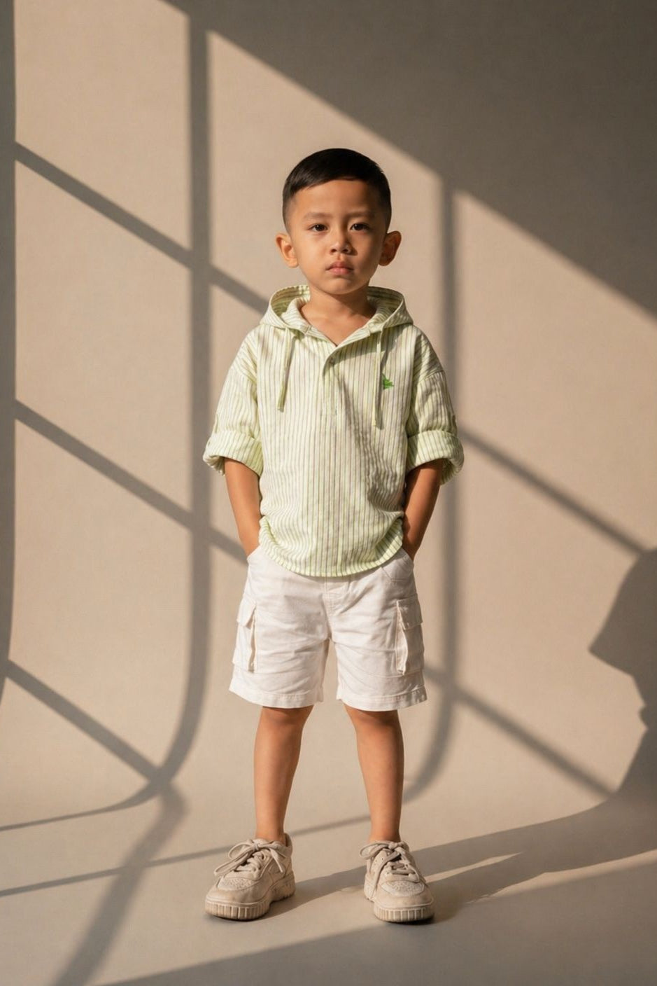 Child wearing a light green striped shirt and white shorts standing against a beige wall with shadows.
