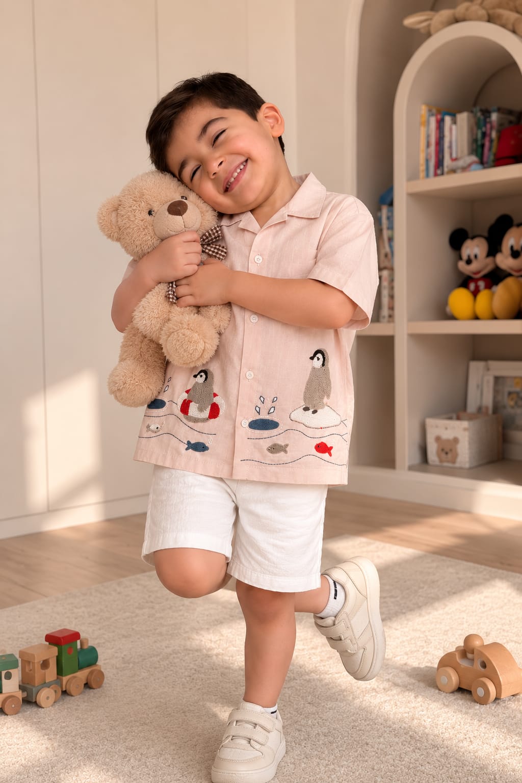 A young boy wearing a light pink short-sleeve button-up shirt with a penguin print and white shorts, smiling while hugging a teddy bear in a brightly lit children's room.