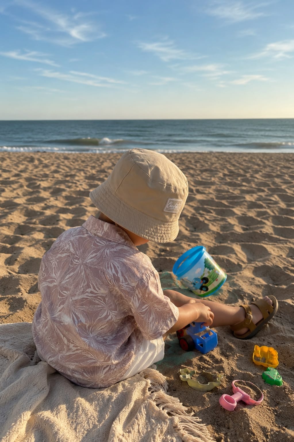 A child sitting on a sandy beach wearing a beige bucket hat and a light pink patterned short-sleeve shirt, playing with beach toys near the ocean under a blue sky.