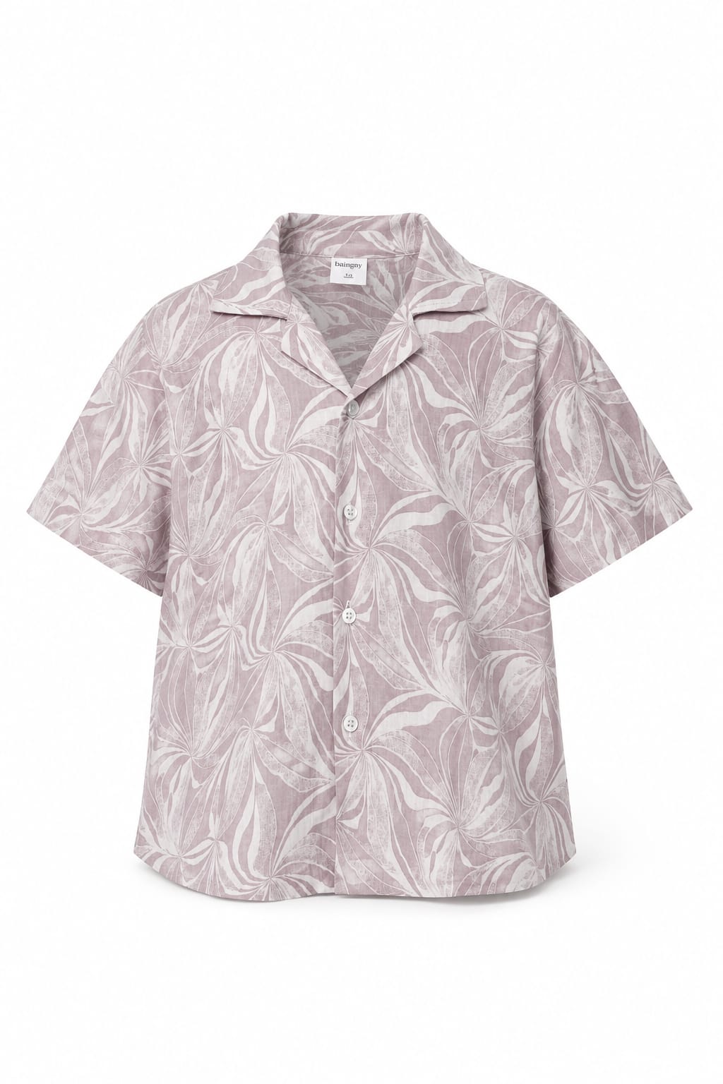A short-sleeve button-up camp shirt with a light pink and white tropical leaf pattern, displayed on a clean white background.
