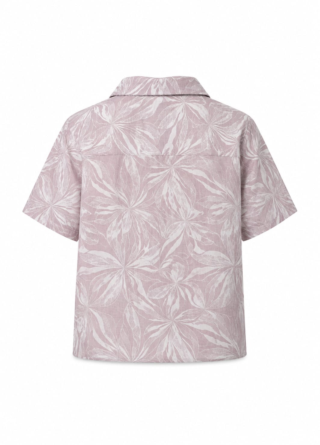 A short-sleeve button-up shirt shown from the back, featuring a light pink and white tropical floral pattern.