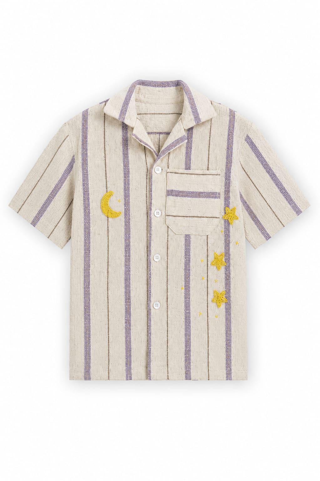 Beige shirt with purple stripes and embroidered stars and moon on a white background
