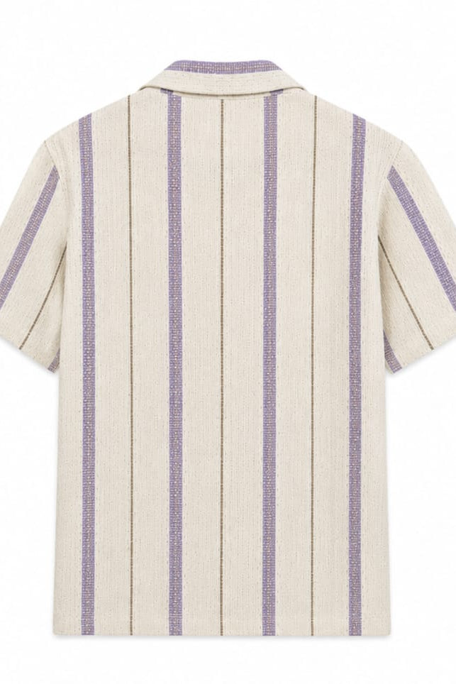 Back view of a short-sleeve shirt with purple vertical stripes on a white background
