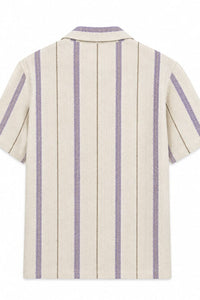 Back view of a short-sleeve shirt with purple vertical stripes on a white background