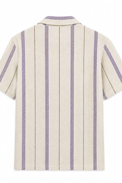Back view of a short-sleeve shirt with purple vertical stripes on a white background