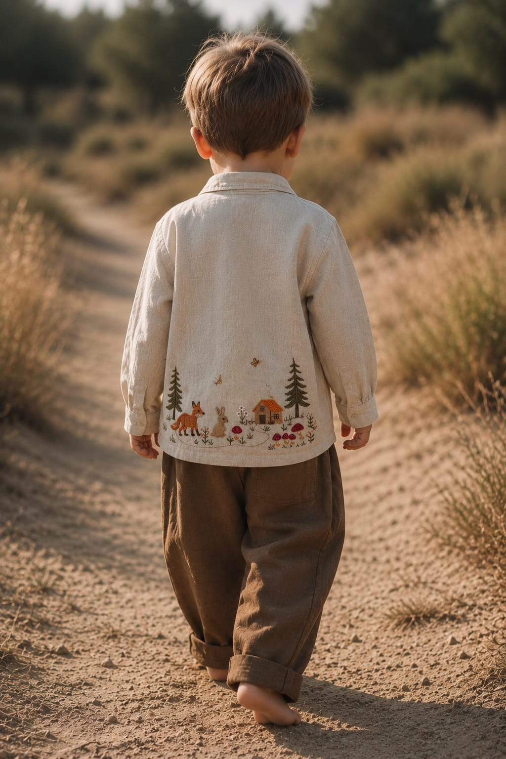 A toddler viewed from behind walking barefoot on a dirt path in a dry outdoor landscape, wearing a cream-colored long-sleeve shirt with a forest cabin embroidery on the back and brown pants.