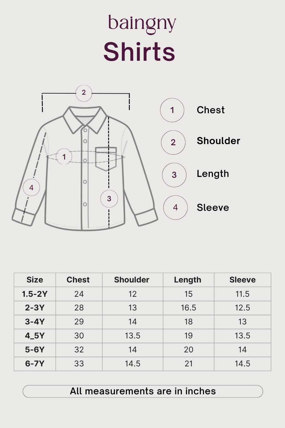 A size guide for baigny shirts showing a labeled shirt diagram with chest, shoulder, length, and sleeve measurements, plus a size table in inches for sizes 1.5-2Y through 6-7Y.
