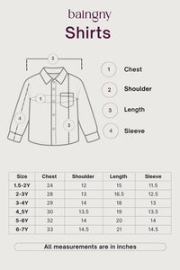 A size guide for baigny shirts showing a labeled shirt diagram with chest, shoulder, length, and sleeve measurements, plus a size table in inches for sizes 1.5-2Y through 6-7Y.