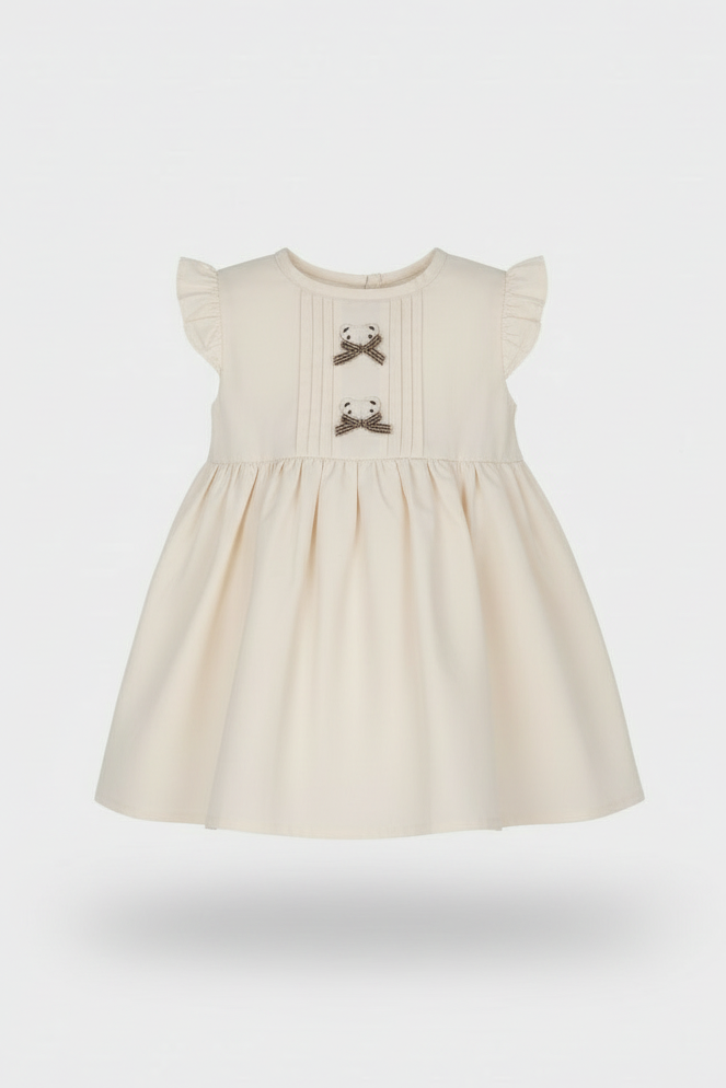 Beige dress with bow details on a white background