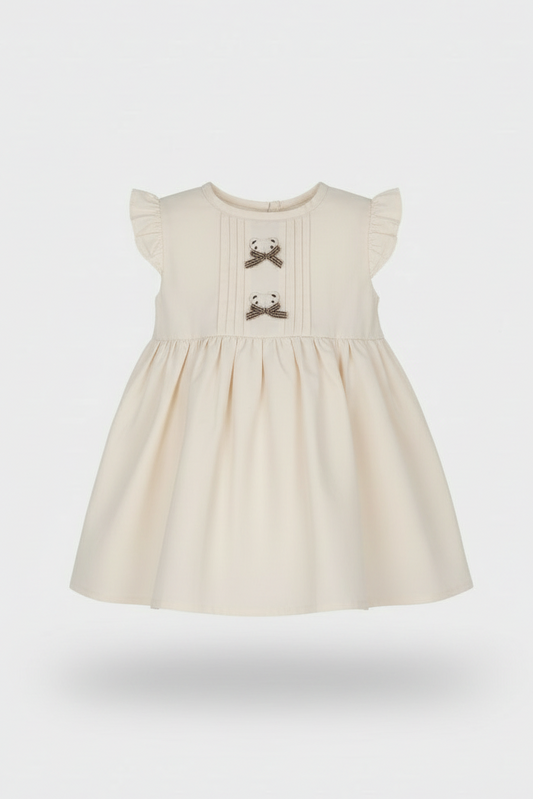 Beige dress with bow details on a white background