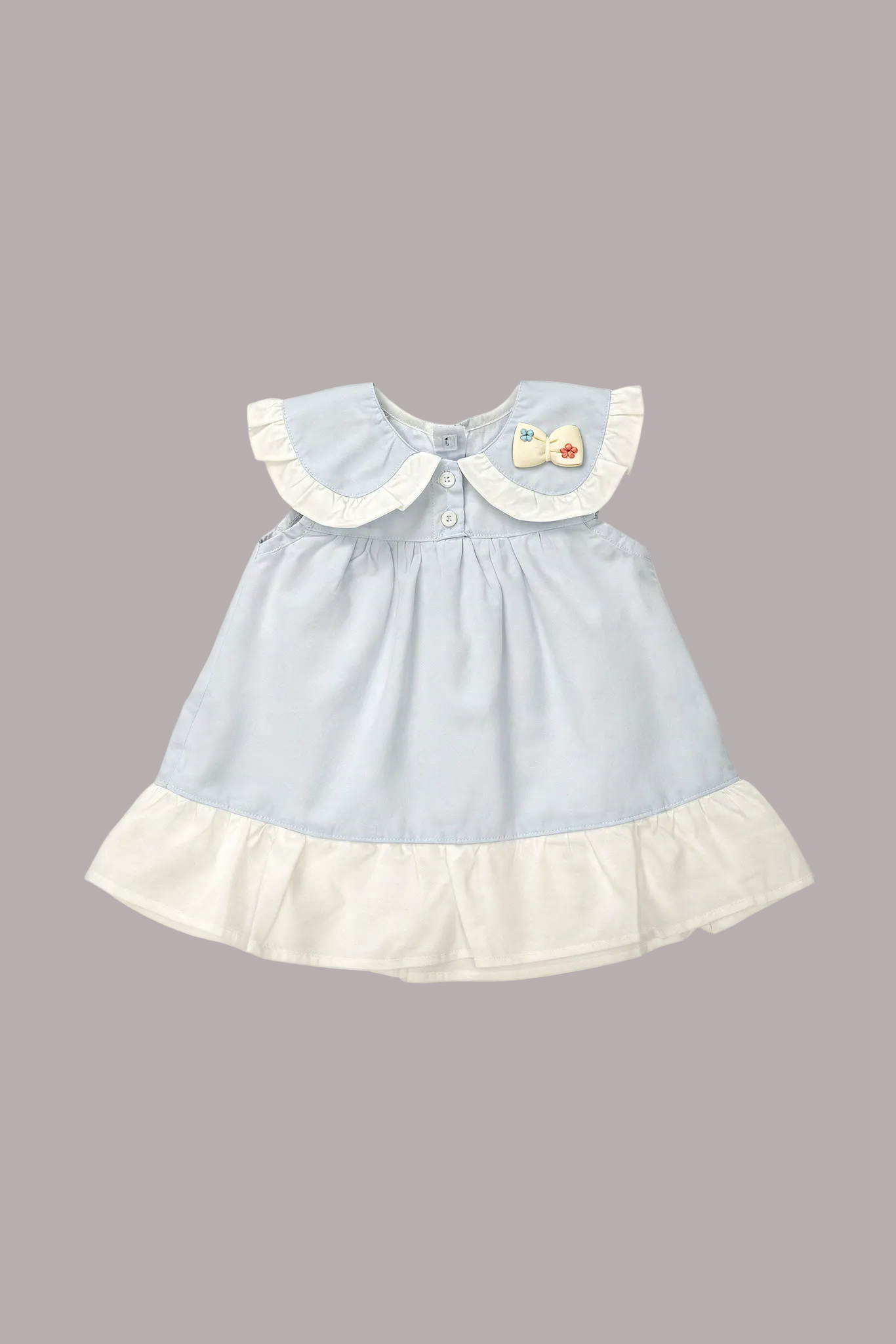 Light blue dress with white collar and hem on a white background