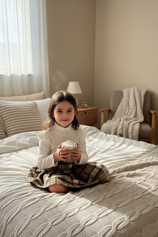 Young girl sitting on a bed holding a mug in a cozy bedroom.