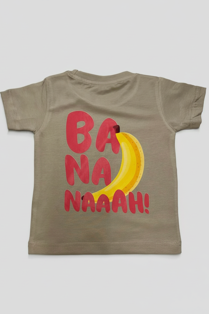 Children's t-shirt with a banana and 'BA NA NA NAH!' text on a beige background