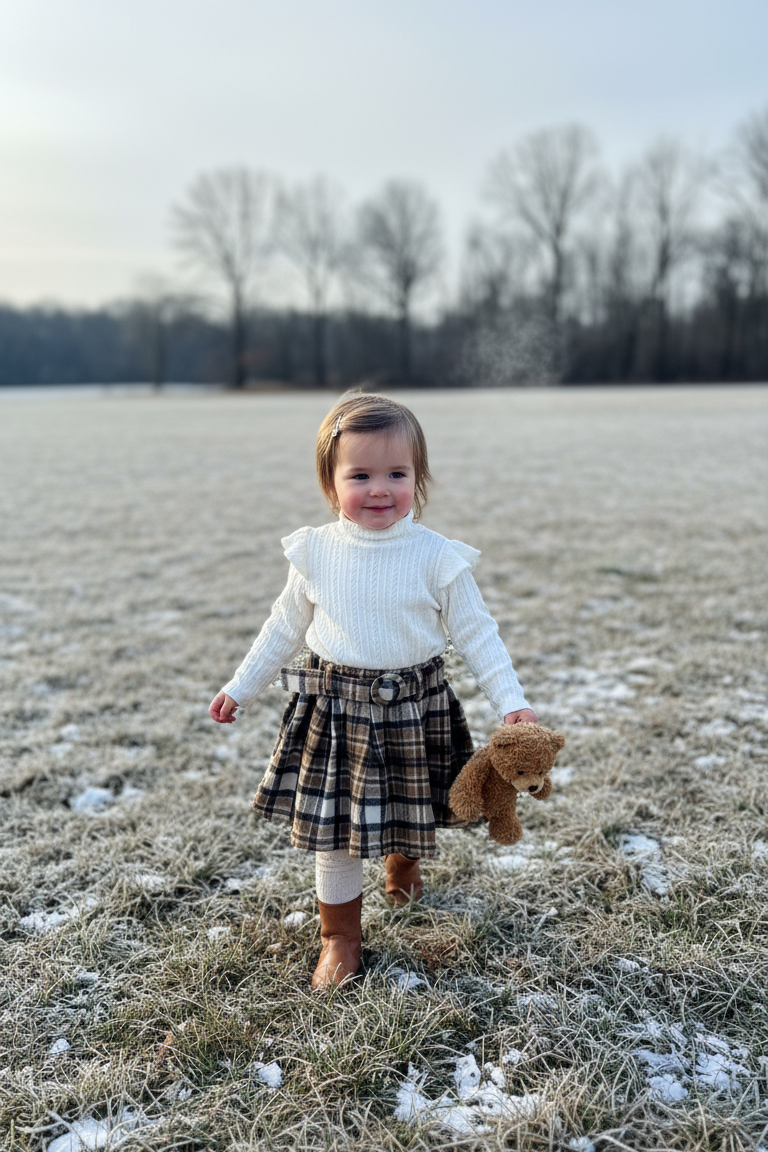 Child in a plaid skirt and white sweater holding a teddy bear in a snowy field.