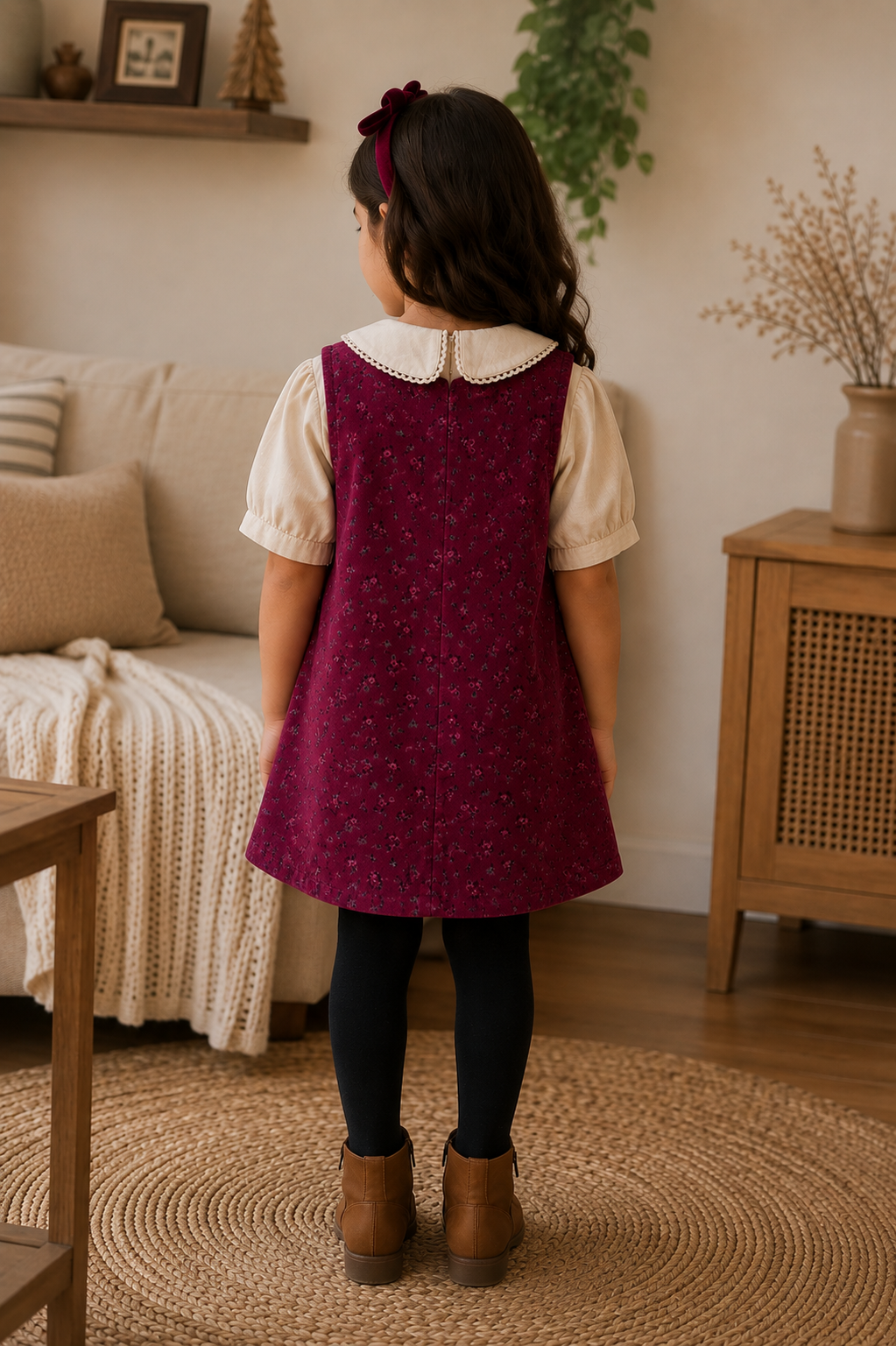 A young girl is shown from behind wearing a dark burgundy pinafore dress over a cream short-sleeve blouse, black leggings, and brown ankle boots in a cozy, warm-toned living room setting.